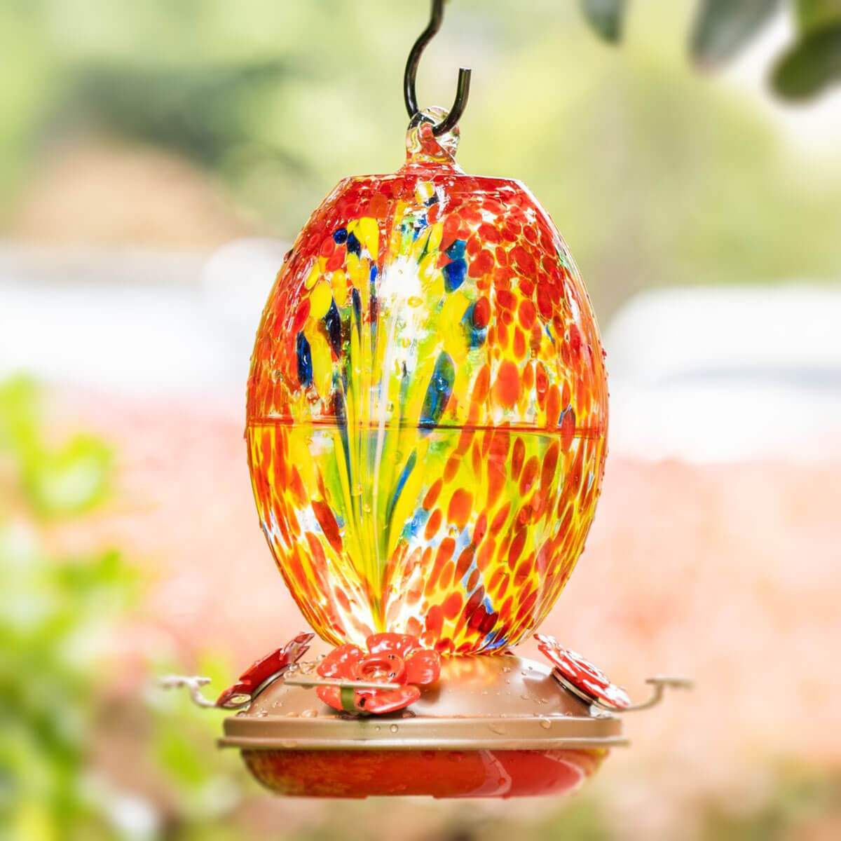 Muse Garden Unique Blown Glass Hummingbird Feeder, Orange Fireworks