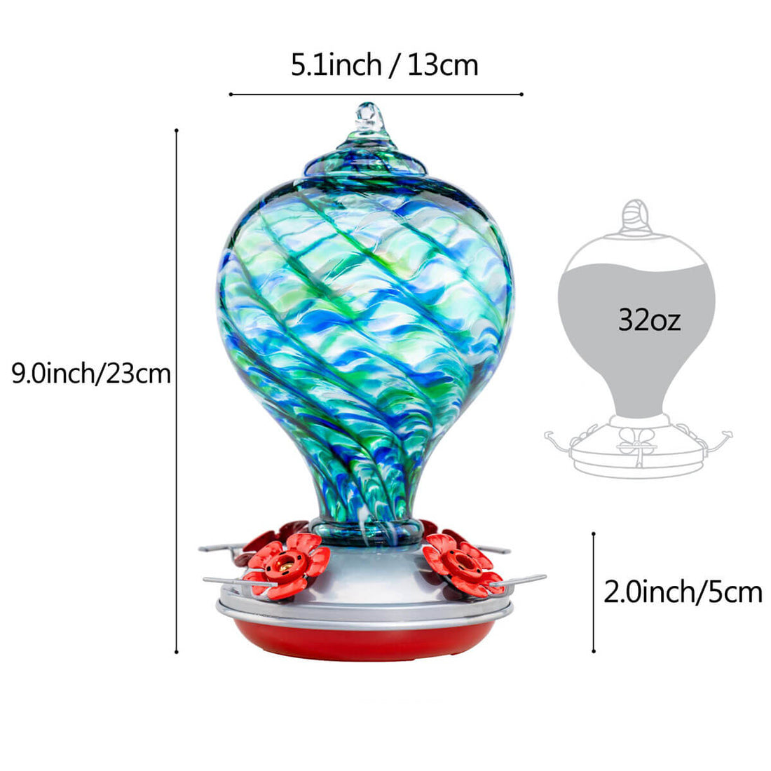 Muse Garden Glass Hot Air Balloon Hummingbird Feeder Blue Moonstone Musegarden 2969