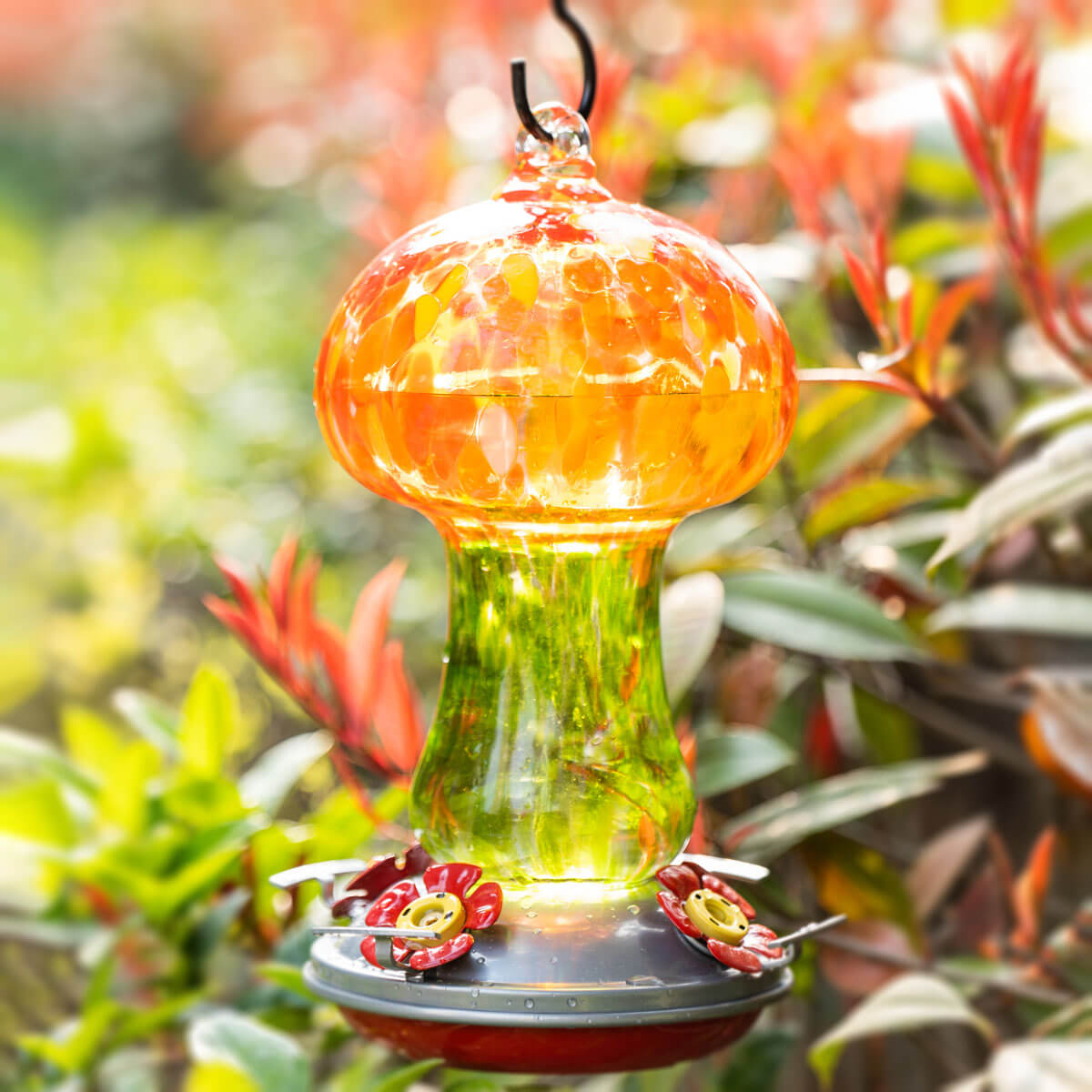 Muse Garden Blown Glass Mushroom Hummingbird Feeder, Blooming Calendula ...