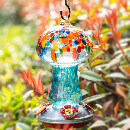 Muse Garden Hand Blown Glass Hummingbird Feeder, 28 Ounces, Tropical Islands