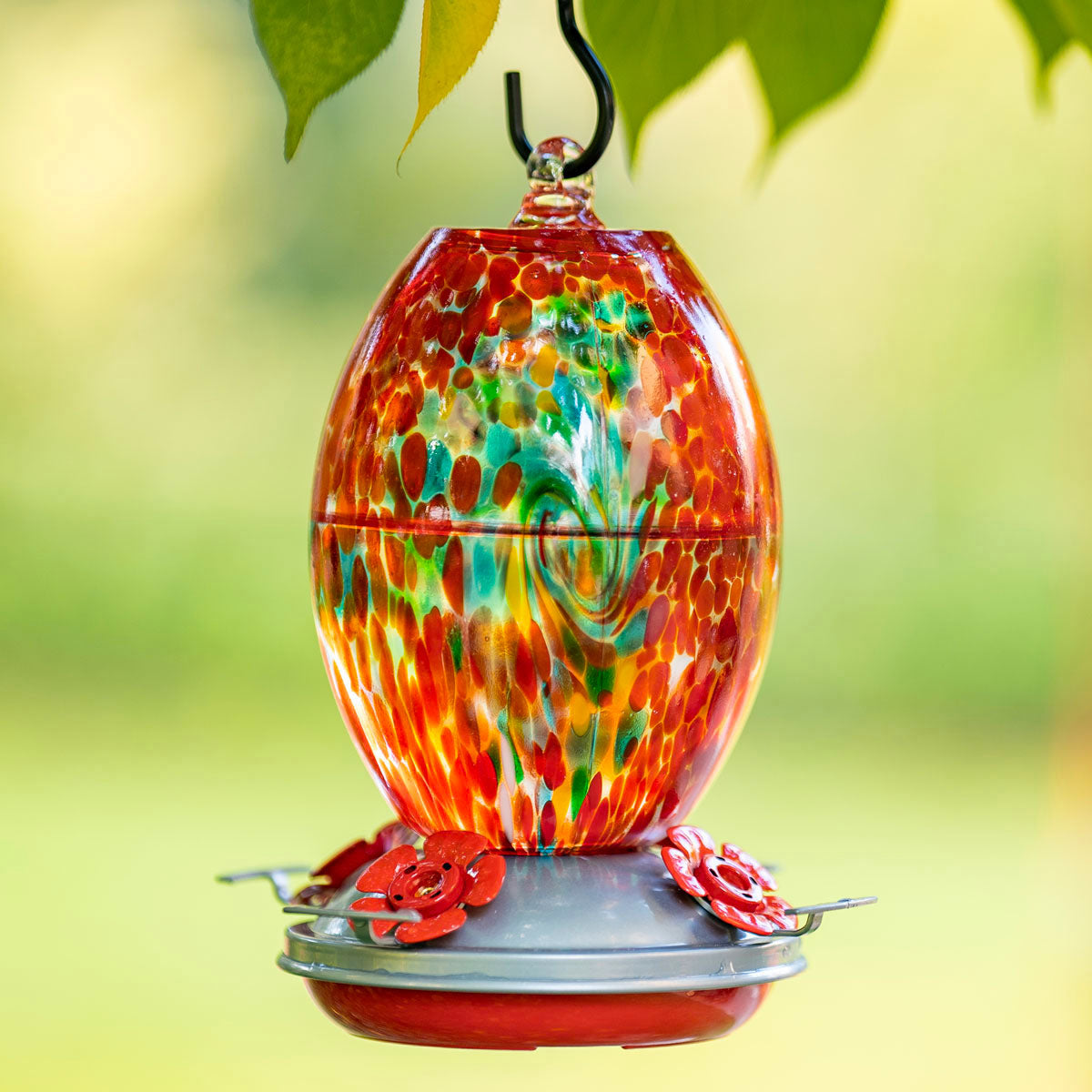 Muse Garden Glass Hummingbird Feeder Olive Shape Red Swirl Musegarden 7255