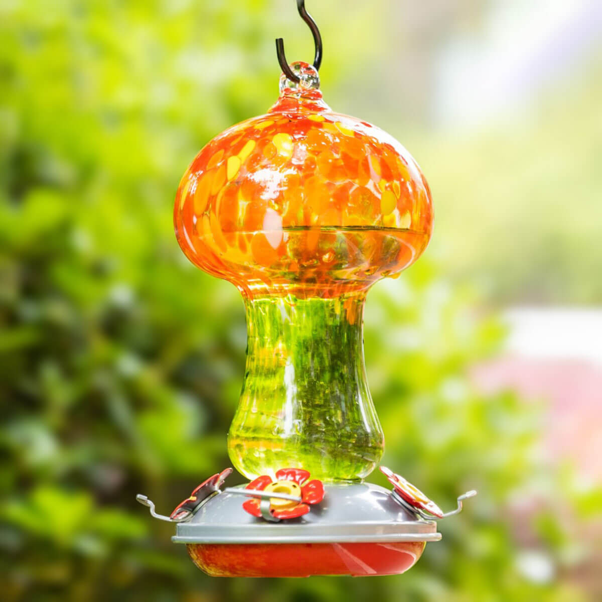 Muse Garden Blown Glass Mushroom Hummingbird Feeder, Blooming Calendula 