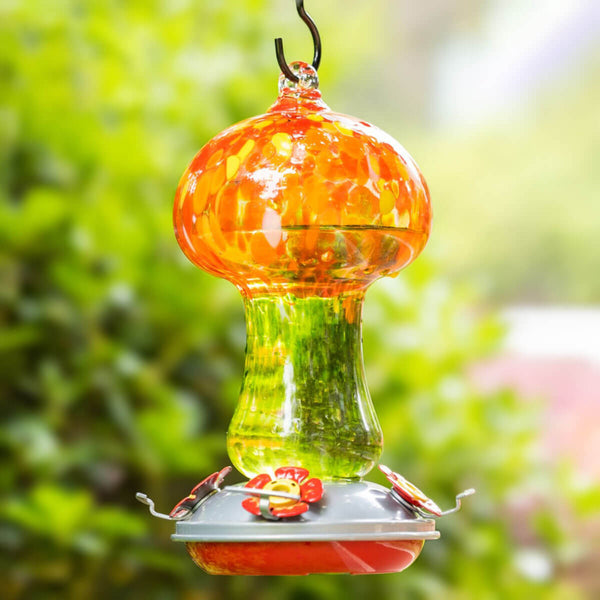 Muse Garden Blown Glass Mushroom Hummingbird Feeder, Blooming Calendula ...