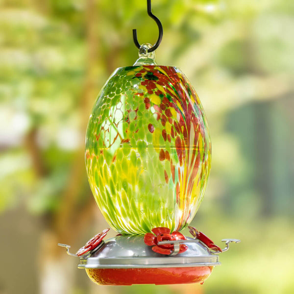 Muse Garden Hand Blown Glass Hummingbird Feeder, Olive, Green Floral ...